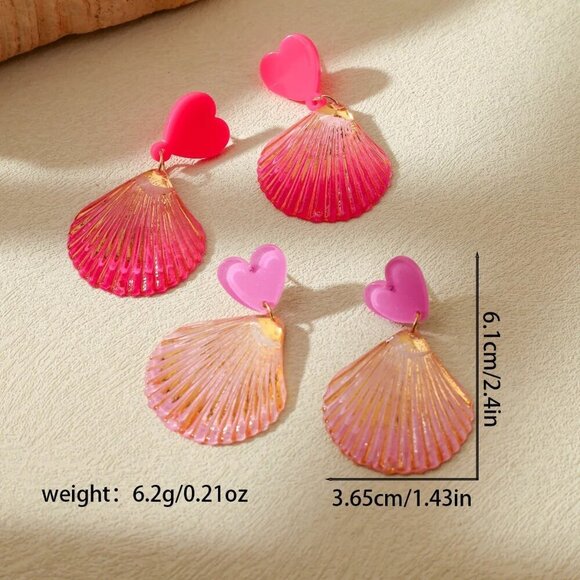 Cute Colorful Pink Shell Geometric Acrylic Ocean Style Drop Earrings Set 2" - Picture 4 of 5